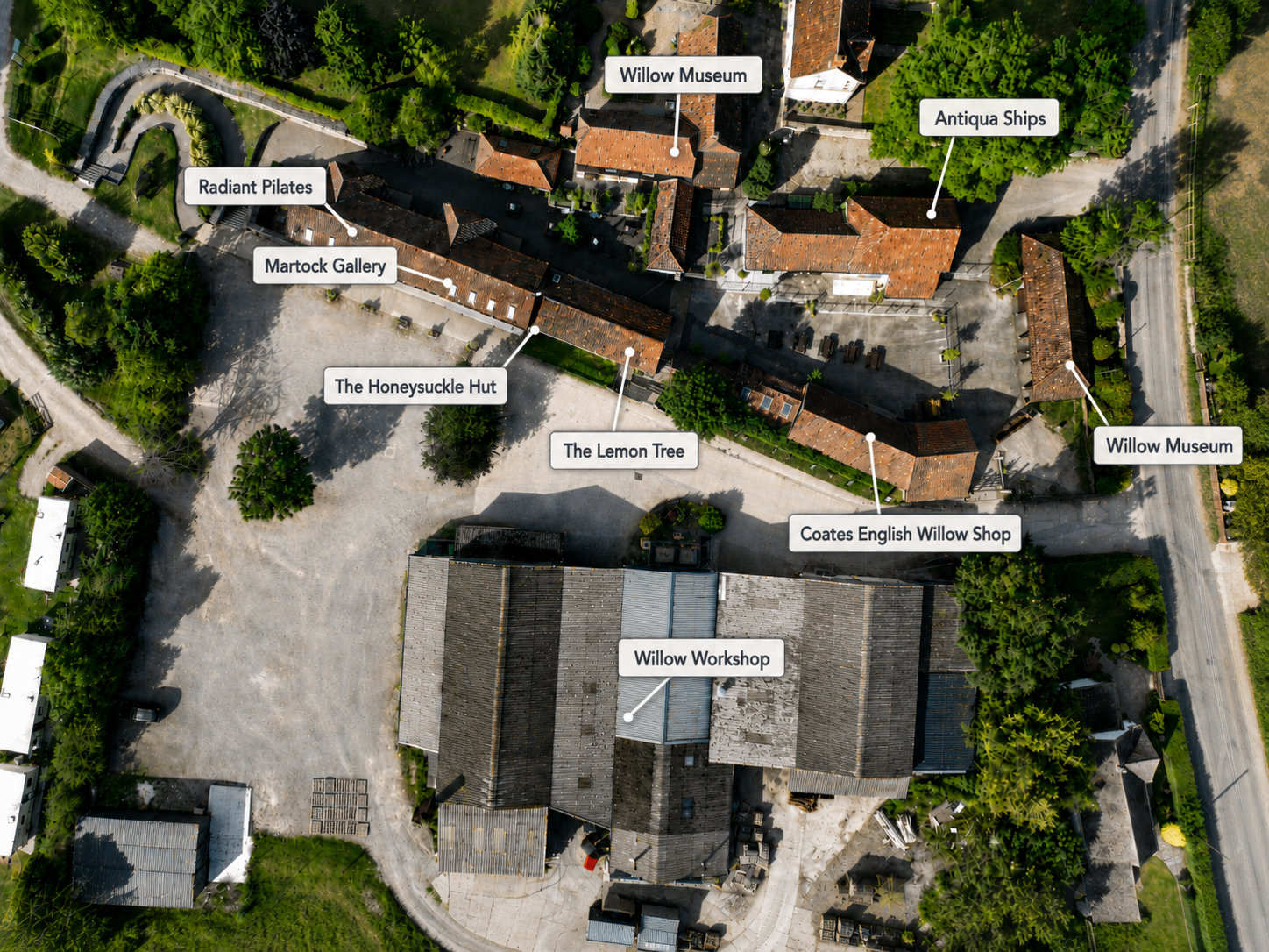 Aerial plan labelling the Willow Museum, willow shop, gallery, cafe and other businesses at Coates English Willow Visitor Centre