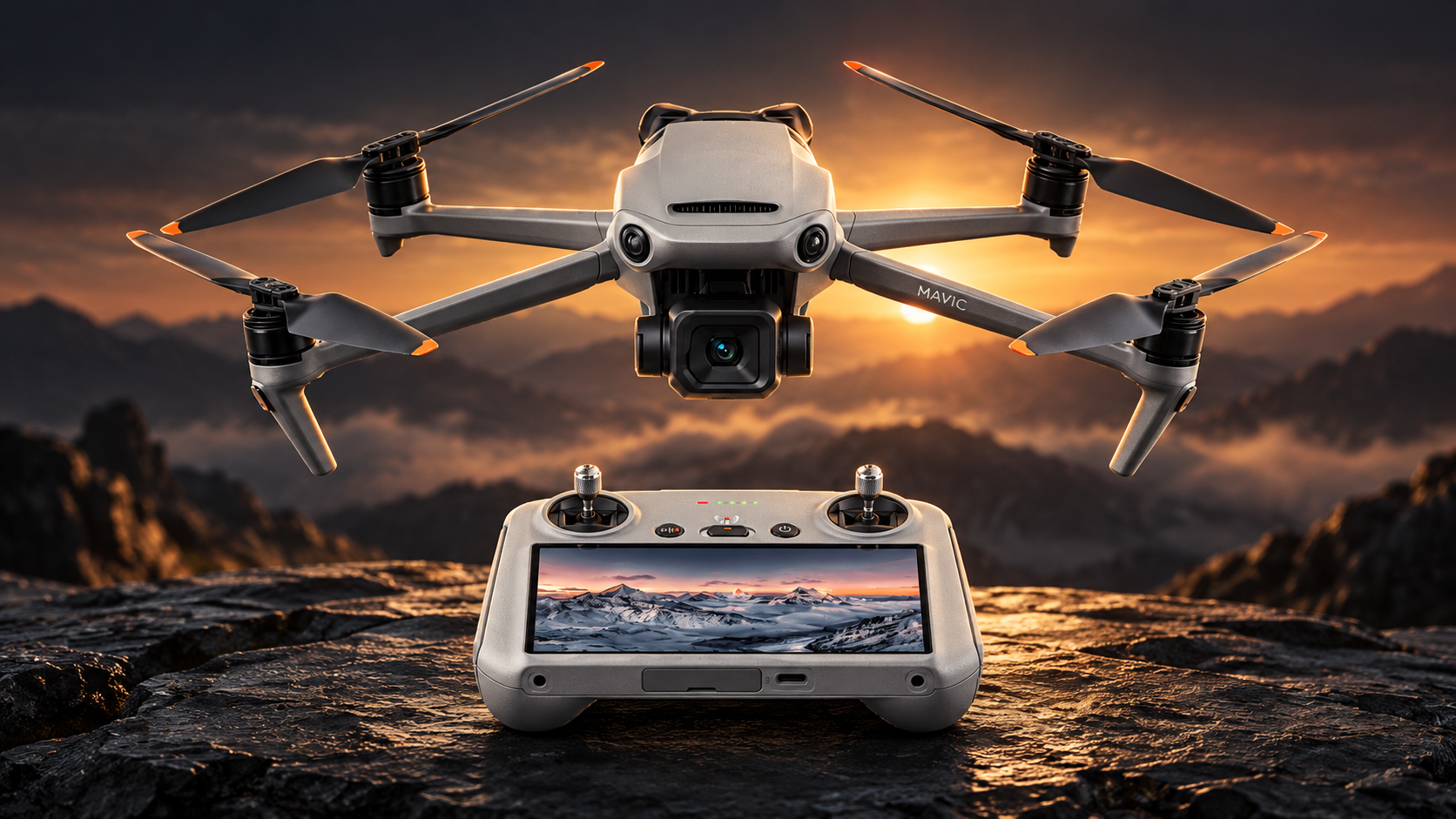 DJI Mavic drone and controller against a dramatic cinematic background